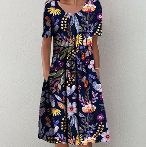 Spring/Summer Flower Printed Round Neck Pocket Mid length Dress for Women's Clothing m300037