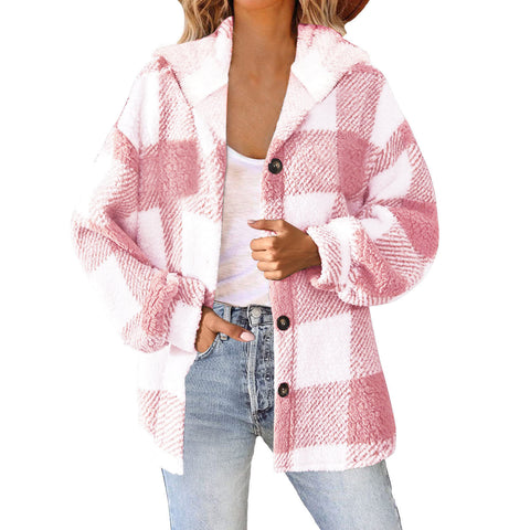 Printed plaid hooded button jacket plush thermal jacket women m300438