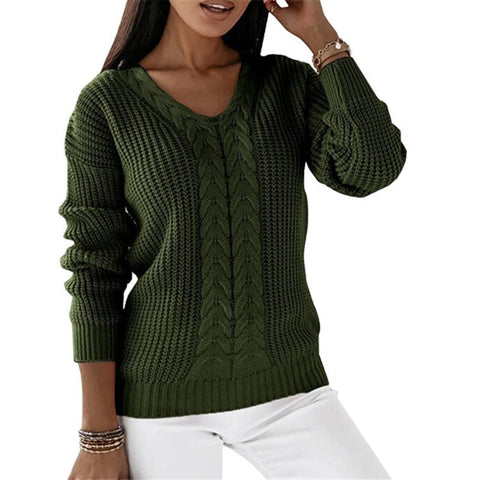 Sweater Women's Long Sleeve V-Neck Solid Color Twist Casual Knitted Pullover M300487