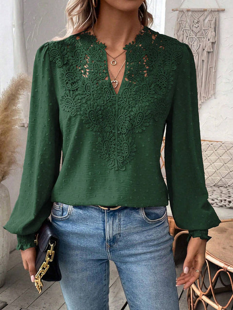 Fashion V-neck lace solid color long-sleeved casual women's top m300947