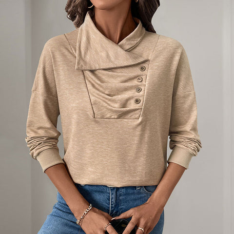 Casual sweater pleated button solid color stand-up neck sweater women's m300800