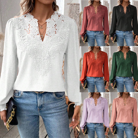 Fashion V-neck lace solid color long-sleeved casual women's top m300947