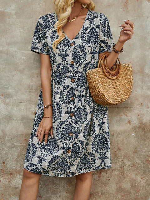 Fashion printed V-neck short-sleeved loose medium dress m301014