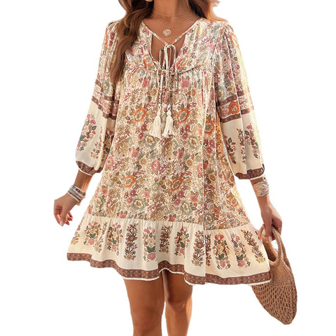 Loose casual v-neck lace-up printed dress m300870