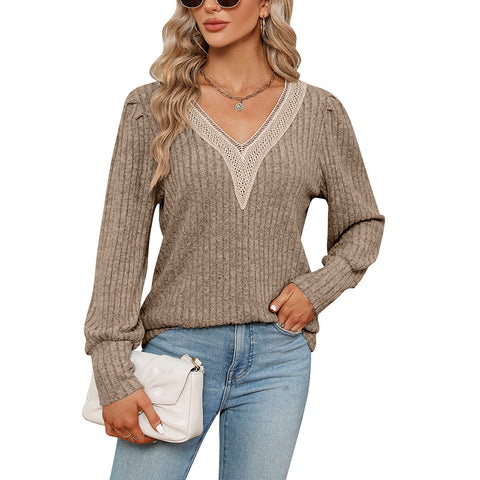 Women's V-neck lace loose pit strip polished loose long-sleeved T-shirt m300519