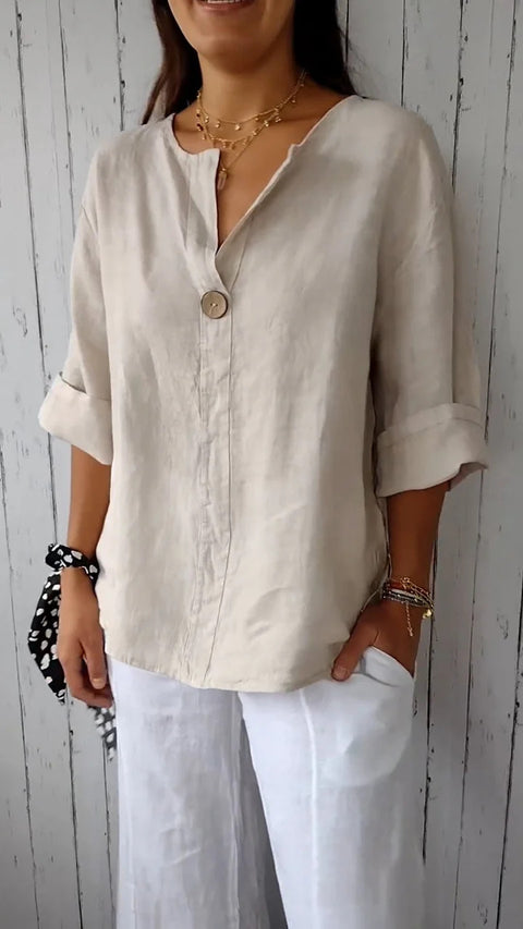 Loose T-shirt Women's V-neck cotton and linen button-up top m300385