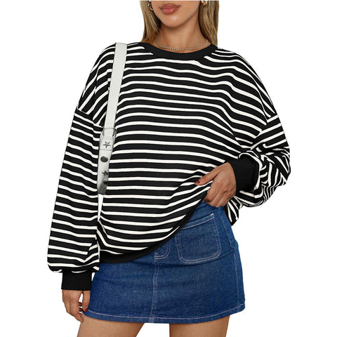 Autumn and winter new color striped crew neck loose sweatshirt sweater m300527