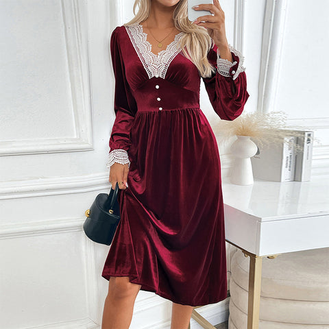 Autumn and winter velvet long dress autumn and winter lace splicing contrasting dress dress m300773