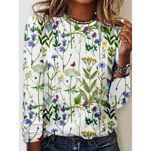 Long Sleeve T-Shirt Women's Solid Color Flower m300934