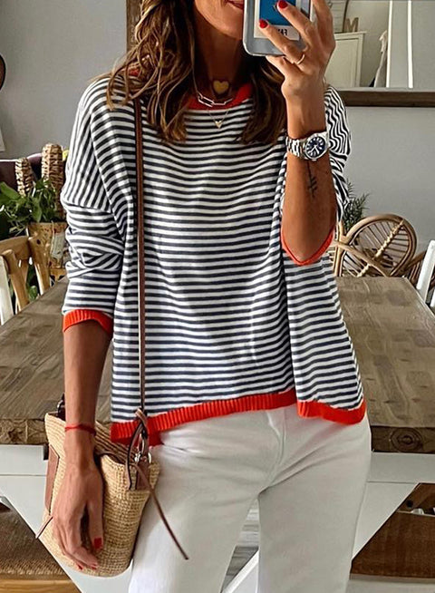 Striped Contrast Design Shoulder Long Sleeve Top m300491