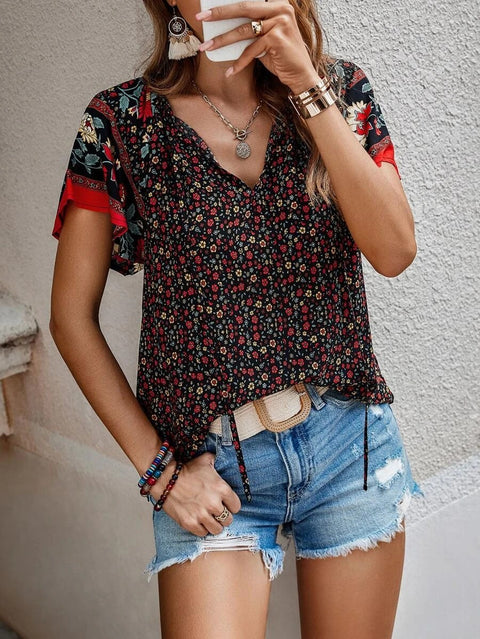 Casual famous style print V-neck short-sleeved loose shirt m300885