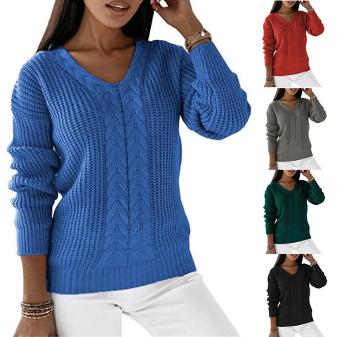 Sweater Women's Long Sleeve V-Neck Solid Color Twist Casual Knitted Pullover M300487