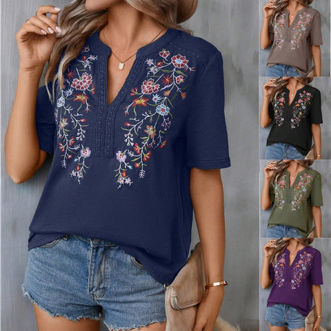 10,000-Needle Embroidered Splicing Lace Top Women's T m300884