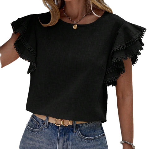 Loose Shirt Lotus Leaf Batman Short Sleeve Top Women's m300989