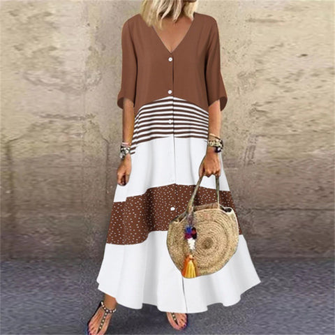 V-neck Short Sleeve Printed Long Dress Button Casual Skirt M300187