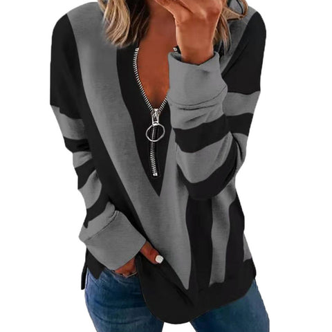 Women's V-neck Zipper Personality Floral Print Long Sleeve Pullover M300196