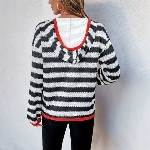 Black and white striped sweater autumn new pullover hooded casual versatile sweater women m300813