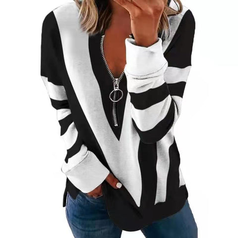 Women's V-neck Zipper Personality Floral Print Long Sleeve Pullover M300196