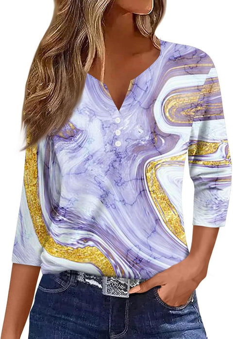 Marble pattern V-neck three-button seven-quarter sleeve women's clothing m300581