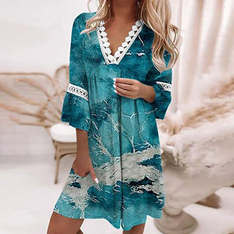 V-neck Printed Lace Stitching Bohemian Casual Vacation Style Dress M300213