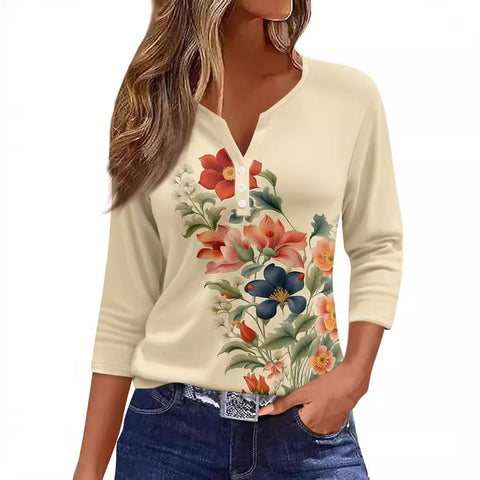 3D printed women's V-neck three-button seven-quarter sleeve fashion casual top m300616