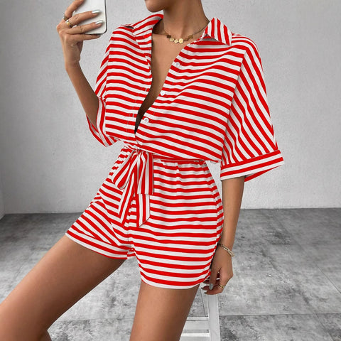 Striped lapel cardigan button medium sleeve belt shorts set onesie women's m301031