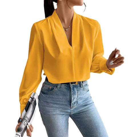 Long-sleeved shirt design sense V-neck solid color loose top m300944