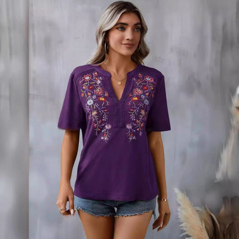 10,000-Needle Embroidered Splicing Lace Top Women's T m300884