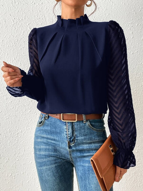 Semi-turtleneck spliced wavy chiffon long-sleeved top m300882