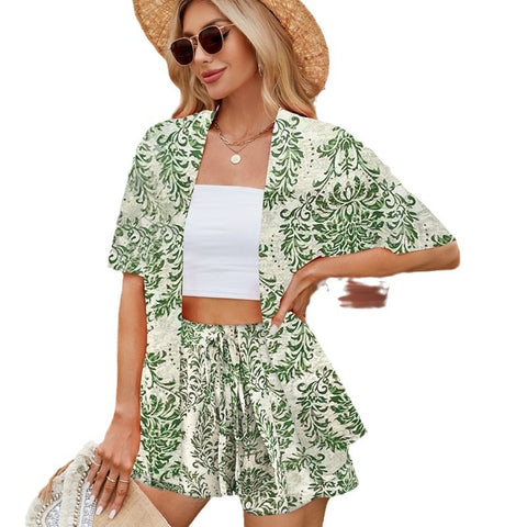 Floral print short-sleeved shirt top elastic waist shorts set m300995