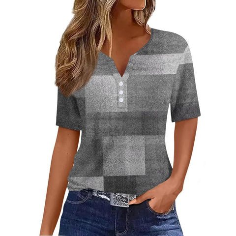 V-neck three-button 3D printed short-sleeved women's top m300617