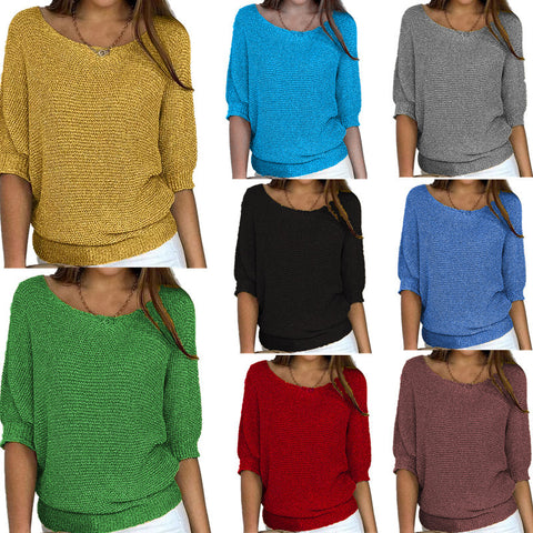 Crew neck knitted sweater elegant seven-quarter sleeve top air-conditioning shirt m300490