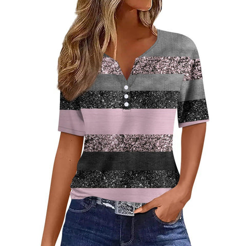 V-neck three-button 3D printed short-sleeved women's top m300617