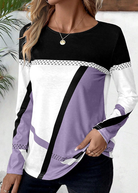 Pullover round neck contrasting color splicing geometric printed top women's T-shirt m300874