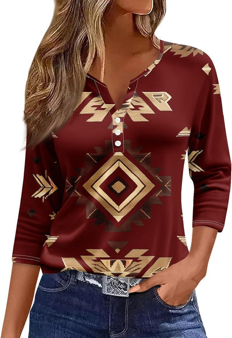 3D printed women's V-neck three-button seven-quarter sleeve fashion casual top m300616