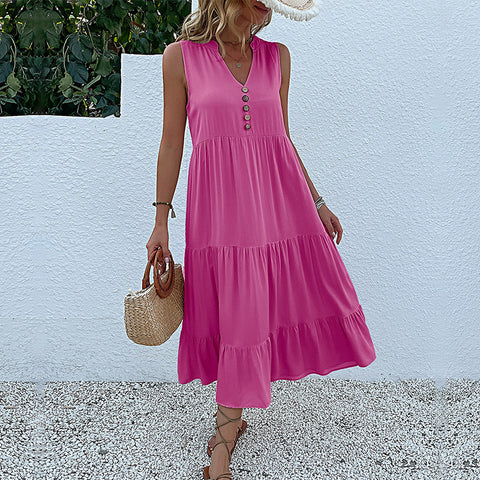 Summer popular sleeveless pleated skirt loose V-neck medium and long dress m300851