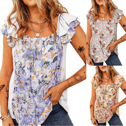 Pleated short-sleeved bohemian floral print vest t-shirt top m301034