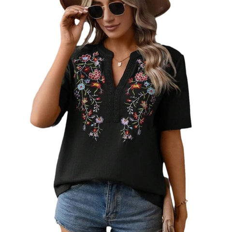 10,000-Needle Embroidered Splicing Lace Top Women's T m300884