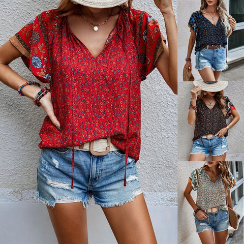 Casual famous style print V-neck short-sleeved loose shirt m300885