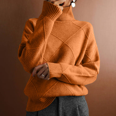 Pullover loose temperament commuter knitted sweater solid color turtleneck rhombus fashion sweater women's m300510