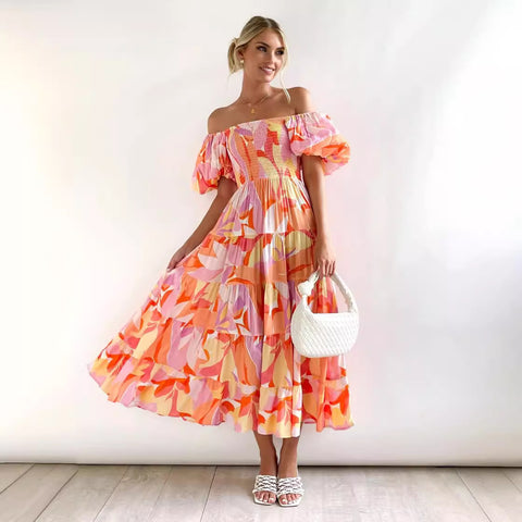 Puff Sleeve Holiday Slim Looking Long Dress off-Shoulder Printed Dress Female M300282