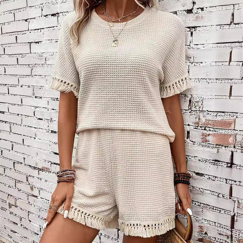 Summer new solid color simple versatile fringe trim texture two-piece set m301027