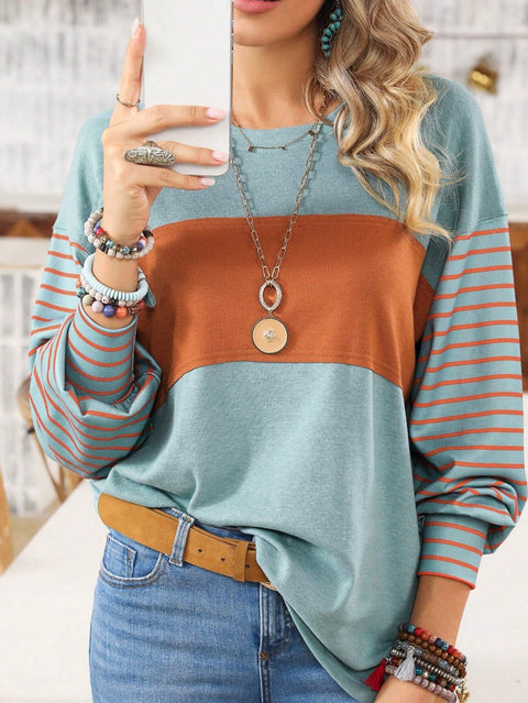 Pullover round neck casual striped contrasting long-sleeved t-shirt women's m300875