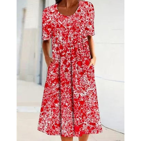 Spring/Summer Flower Printed Round Neck Pocket Mid length Dress for Women's Clothing m300037