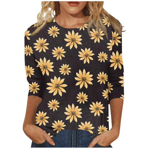 Seven-quarter sleeve plant flower 3D printing crew neck pullover m300615