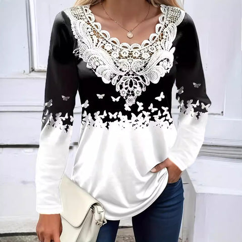 Digital printing lace round neck hollow top m300654