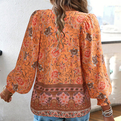 Printed shirt temperament foreign trade v-neck long-sleeved top m300866