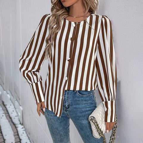 V-neck single-breasted cardigan striped contrasting long-sleeved women's shirt m300818