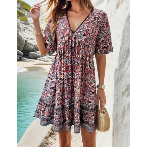 Spring and Summer Vacation Casual Printed V-neck Dress M300211