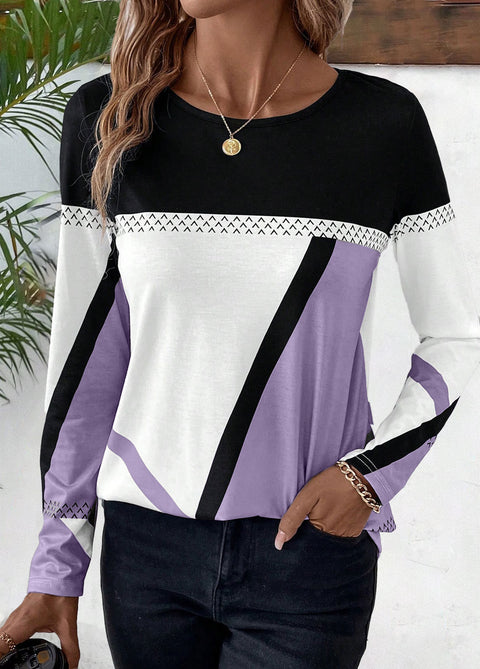 Pullover round neck contrasting color splicing geometric printed top women's T-shirt m300874